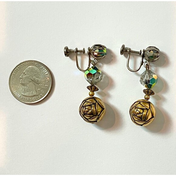 Vintage Gold-Tone Rose Bead Earrings Screw-On Dangle With Aurora Borealis Beads - Picture 4 of 4